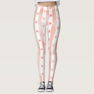 Pink and White Stripe - Hearts, Rose, Paw Print Leggings