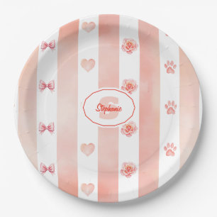 Pink and White Stripe - Hearts, Rose, Paw Print Paper Plate