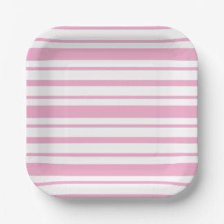 Pink and White Stripe Pattern Square Paper Plate