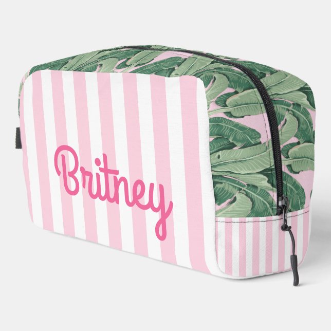Pink and White Stripe Tropical | Personalised Dopp Kit (Right Corner)