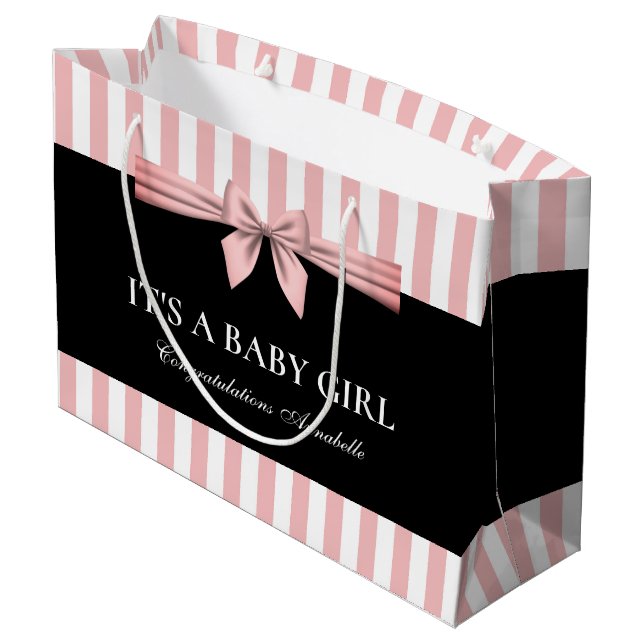 Pink and White Striped Baby Shower Large Gift Bag (Back Angled)