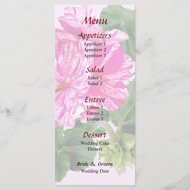 Pink And White Striped Geraniums Wedding Menu (Front)
