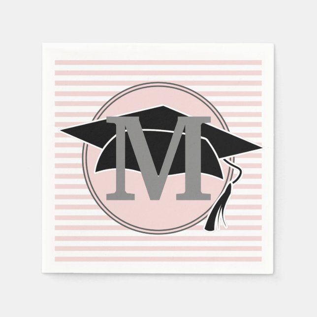 Pink and White Striped Graduation Cap Party Napkin (Front)