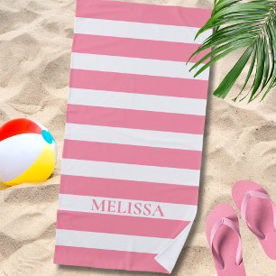  Pink And White Striped Name Cabana Stripe  Beach Towel