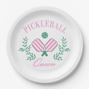 Pink and White Striped   Pickleball Queen Paper Plate