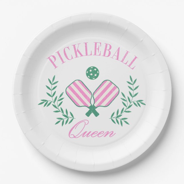 Pink and White Striped | Pickleball Queen Paper Plate (Front)