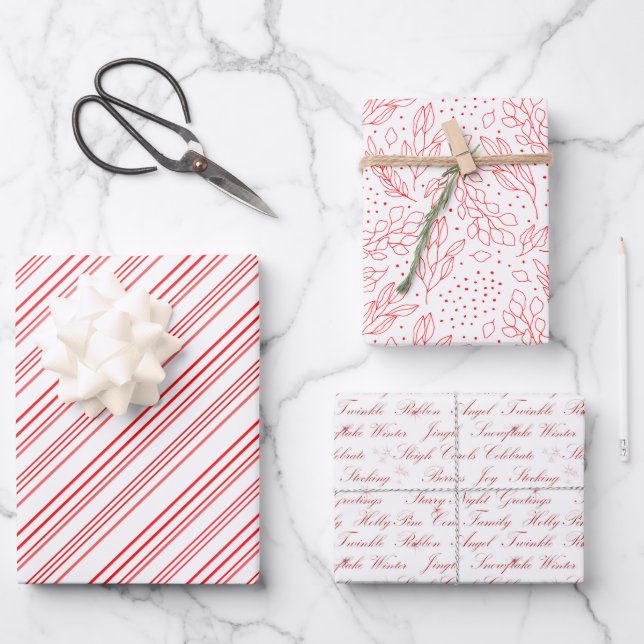 Pink and White Stripes, Berries and Greetings Wrapping Paper Sheet (Front)