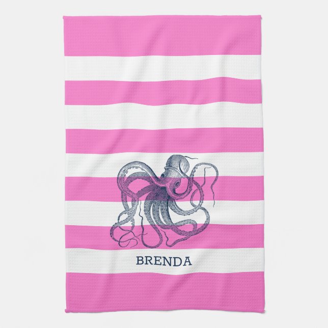 Pink And White Stripes Blue Nautical Octopus Tea Towel (Vertical)