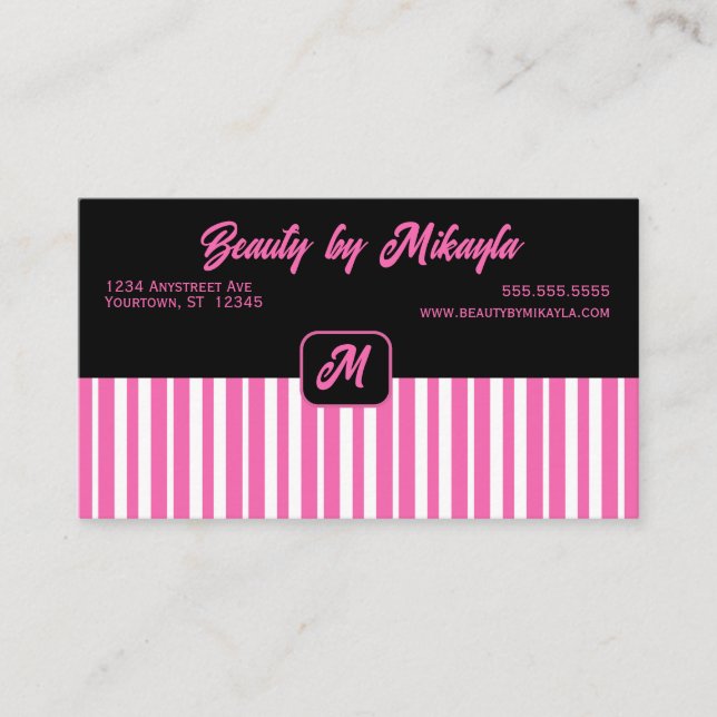 Pink and White Stripes Brand Beauty Style Salon Business Card (Front)