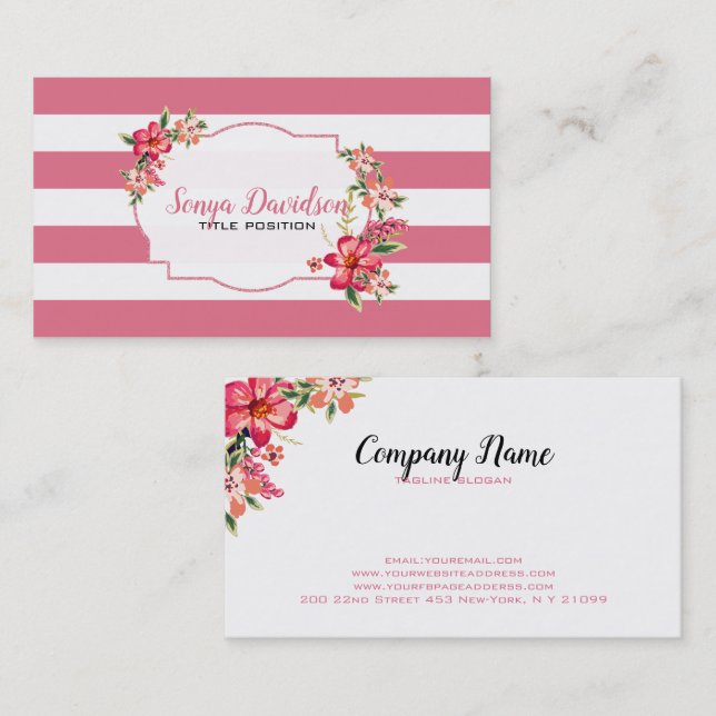 Pink And White Stripes Business Card (Front/Back)
