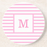Pink and White Stripes Custom Monogram Sandstone Coaster<br><div class="desc">Get a cute girly simple modern baby pink and white stripped coaster with your custom monogram name or initials,  to your cozy home or office! Made with sandstone. Customize it with your favorite font and color to make it your one and only happy coaster!</div>