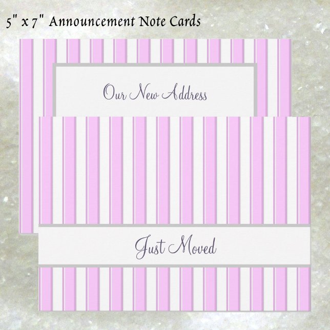 Pink and White Stripes Editable Script New Address Announcement (Pink and white stripes New Address note card)