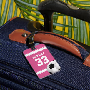 Pink and White Stripes Jersey Soccer Ball Luggage Tag