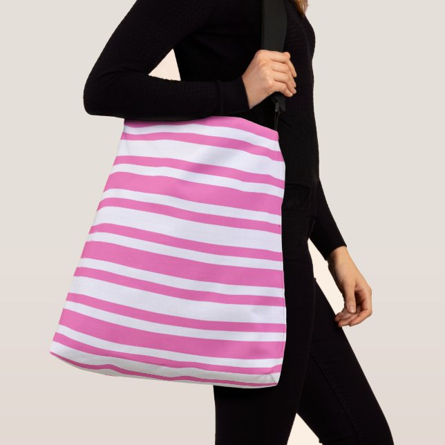 Pink and White Stripes Striped Pattern Crossbody Bag (Close Up)