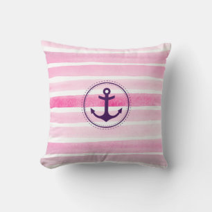 Pink and White Stripes Watercolor Nautical Anchor Cushion