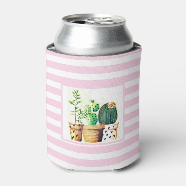 Pink and White Stripes with Cactus Succulents Foam Can Cooler (Can Front)