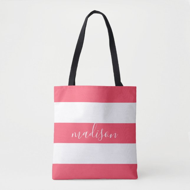 Pink and White Stripes with Name Typography Tote Bag (Front)