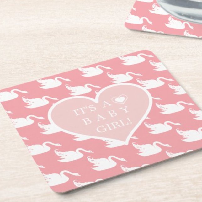 Pink and White Swan Pattern for Baby Shower  Square Paper Coaster (Creator Uploaded)