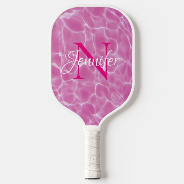 Pink and White Swimming Pool Photo Chic Monogram Pickleball Paddle (Front)