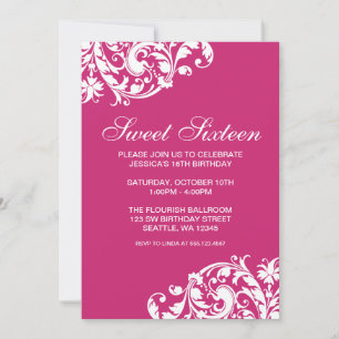 Pink and White Swirl Flourish Sweet 16 Birthday Invitation