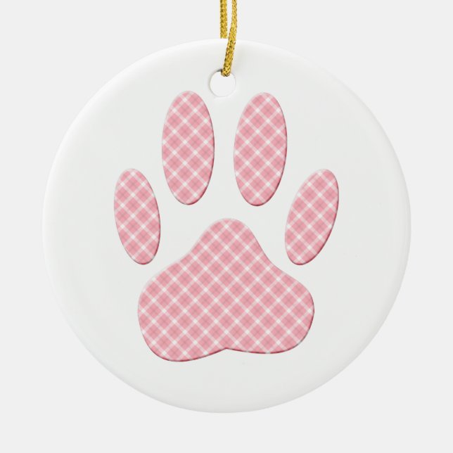 Pink And White Tartan Dog Paw Print Ceramic Tree Decoration (Front)