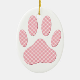 Pink And White Tartan Dog Paw Print Ceramic Tree Decoration