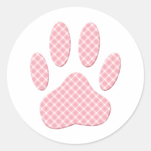Pink And White Tartan Dog Paw Print Classic Round Sticker