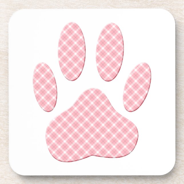 Pink And White Tartan Dog Paw Print Coaster (Front)