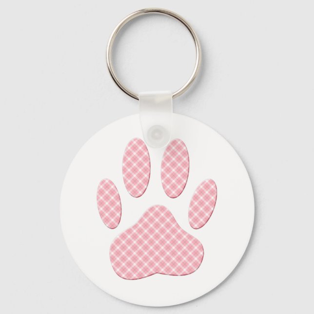 Pink And White Tartan Dog Paw Print Key Ring (Front)