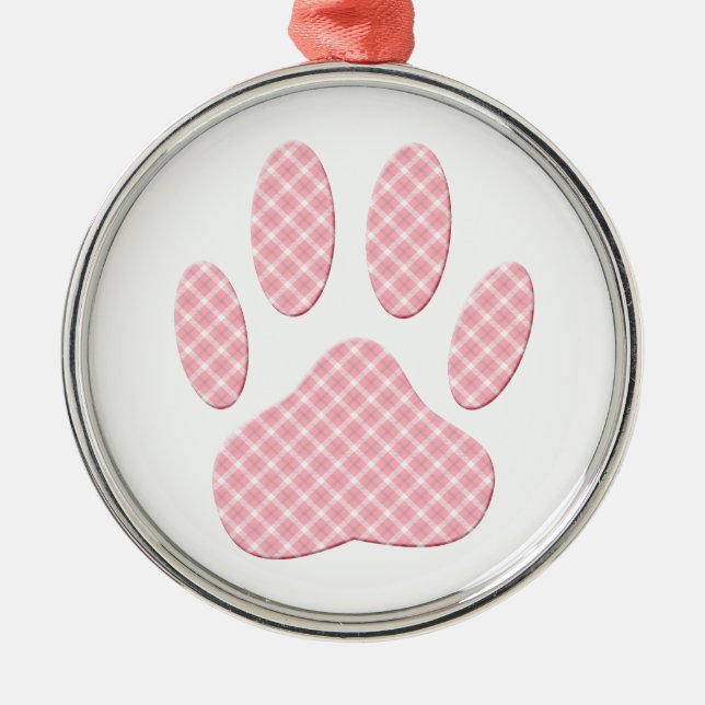 Pink And White Tartan Dog Paw Print Metal Tree Decoration (Front)