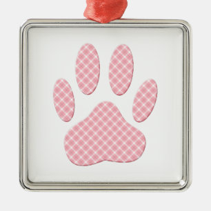 Pink And White Tartan Dog Paw Print Metal Tree Decoration