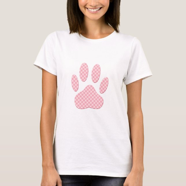 Pink And White Tartan Dog Paw Print T-Shirt (Front)