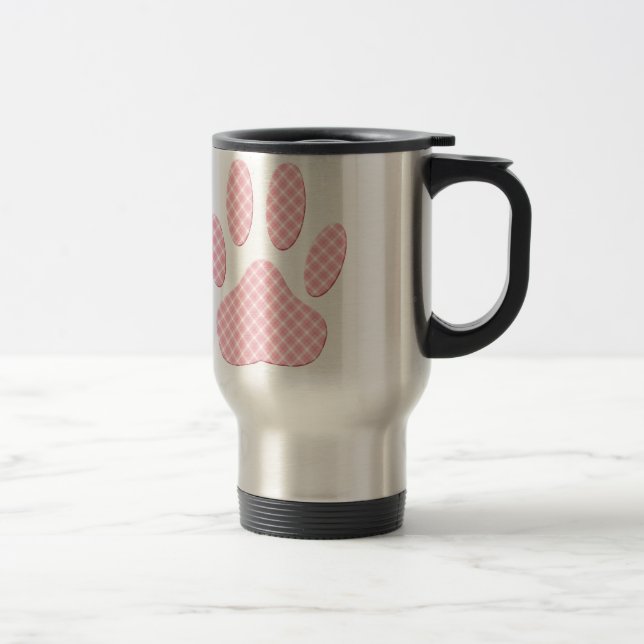 Pink And White Tartan Dog Paw Print Travel Mug (Right)