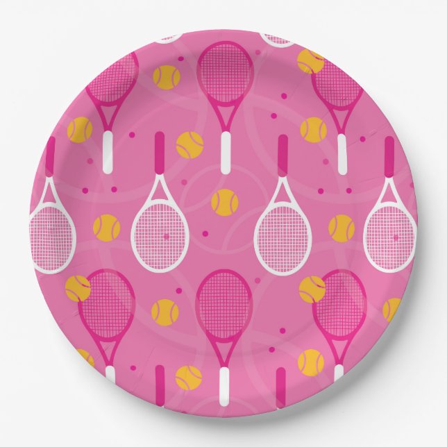 Pink and white tennis racket pattern  paper plate (Front)