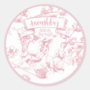 Pink and White Toile de Jouy Bridal Shower Classic Round Sticker