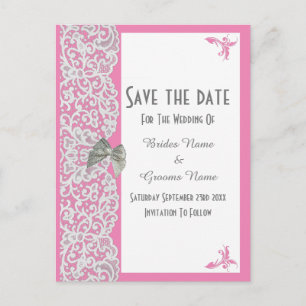 Pink and white traditional lace save the date announcement postcard