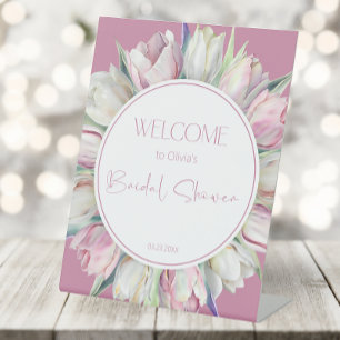Pink and white tulips Bridal shower Welcome Pedestal Sign