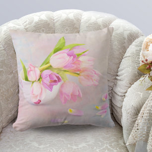 Pink And White Tulips In Tea Cups Cushion