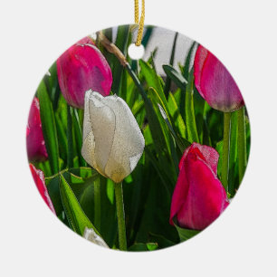Pink And White Tulips Painterly Ceramic Tree Decoration