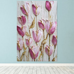 Pink and White Tulips with Gold Texture Abstract Canvas Print