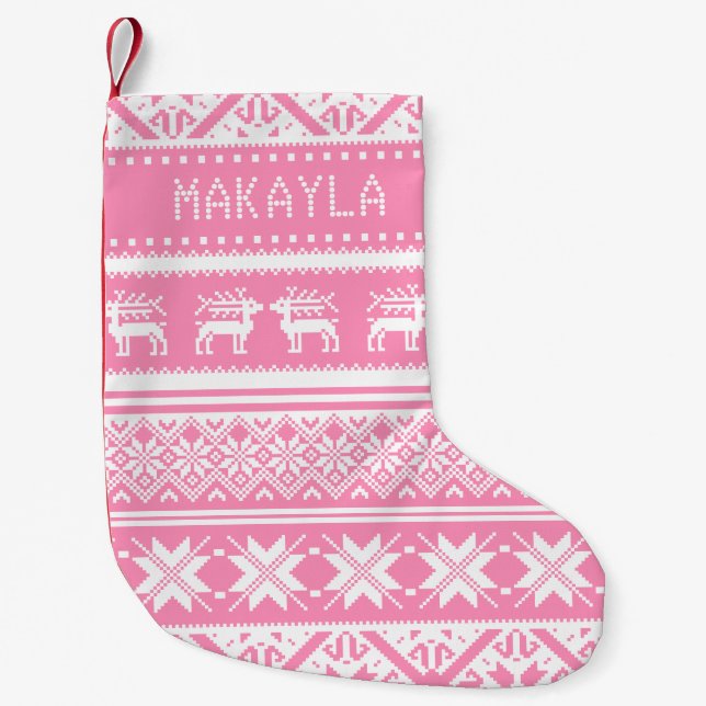 Pink and White Ugly Christmas Sweater - Your name Small Christmas Stocking (Front)