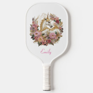 Pink and White Unicorn   Floral Modern Monogram Pickleball Paddle