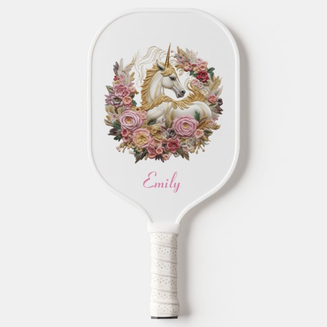 Pink and White Unicorn | Floral Modern Monogram Pickleball Paddle (Front)