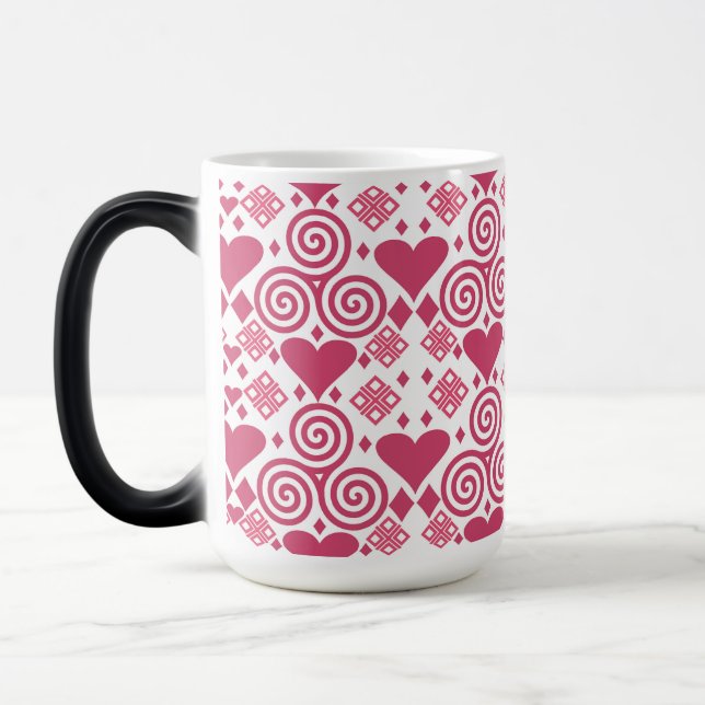 Pink and White Valentines Heart Pattern Magic Mug (Left)