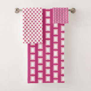 Pink and White Vertical Stripes and Rectangles Bath Towel Set