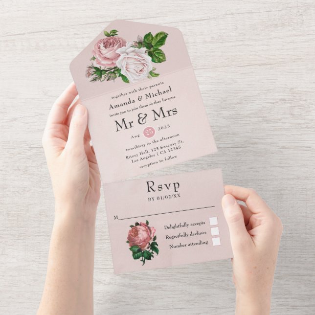 Pink and White Vintage Floral Wedding All In One Invitation (Tearaway)