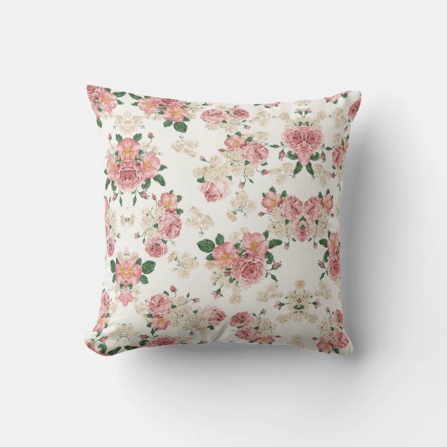 Pink and White Vintage Rose Pattern Pillow (Front)