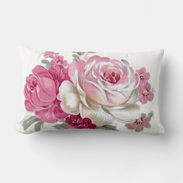 Pink and White Vintage Roses Lumbar Cushion (Front)