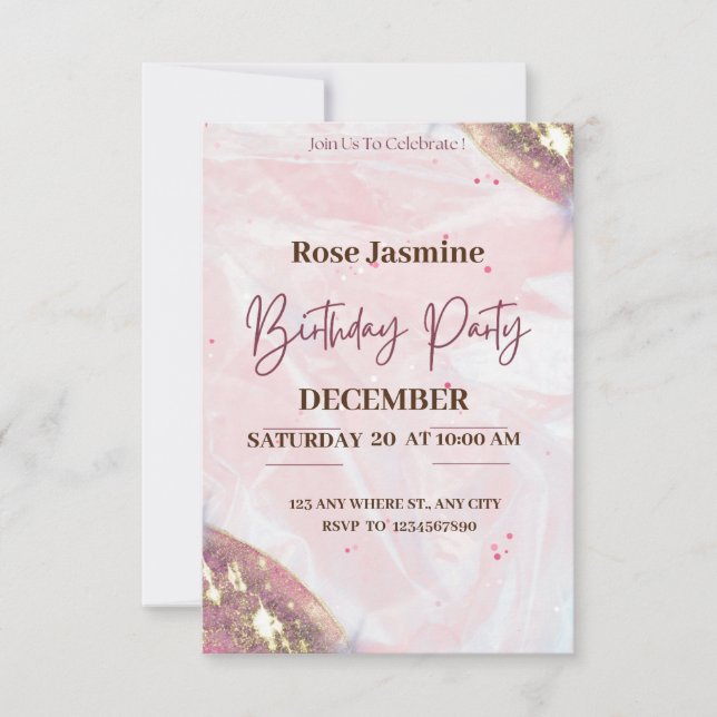 pink and white watercolor birthday party invitation (Front)