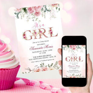 Pink and White Watercolor Blush Floral Baby Shower Invitation